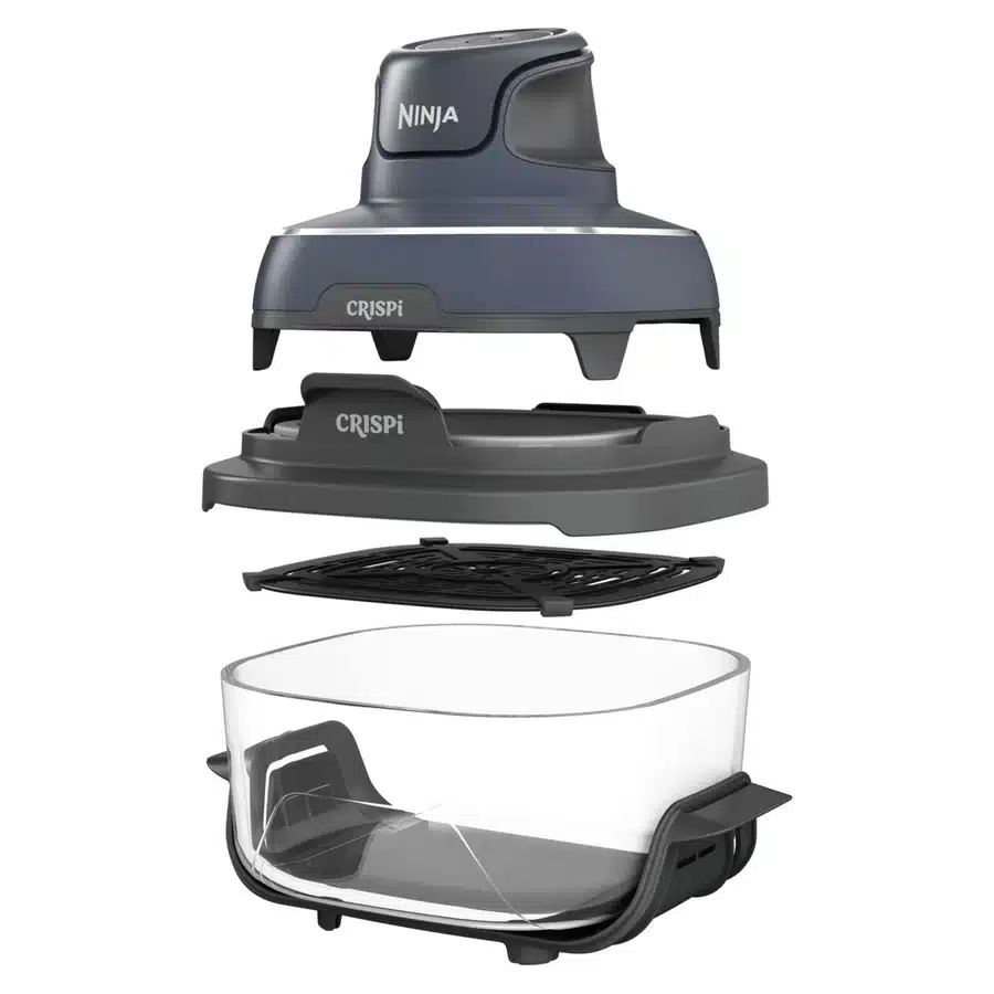 Exploded view of the Ninja Crispi with the 3.8 L container: PowerPod, adapter, crisper plate and glass container