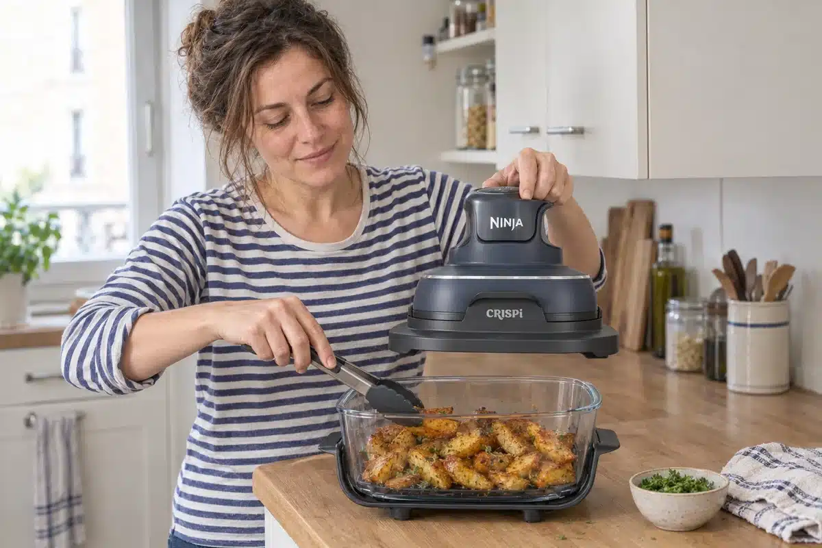 Marion lifts the Ninja Crispi PowerPod to turn potato wedges with tongs