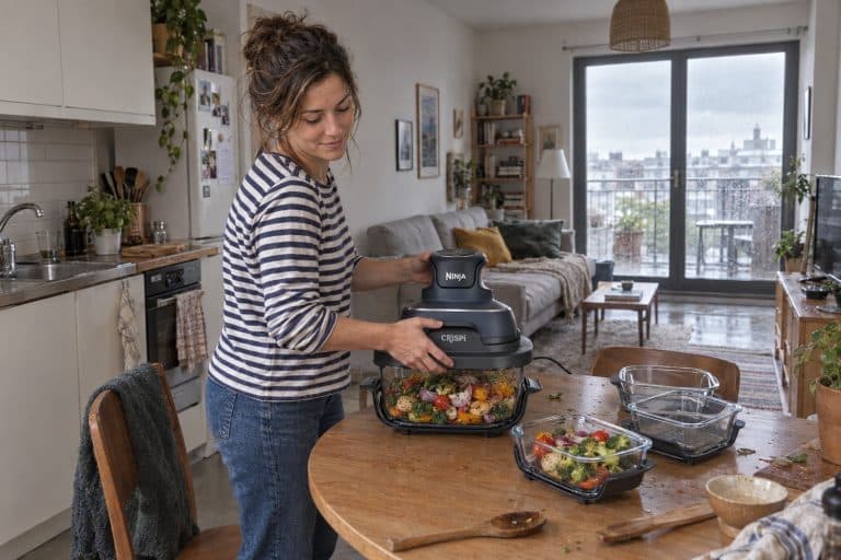 Marion Lund pose le PowerPod du Ninja Crispi sur le bac en verre rempli de légumes, à sa table