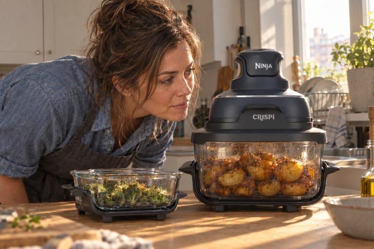 Marion Lund surveille la cuisson des pommes de terre dans le bac en verre de son Ninja Crispi